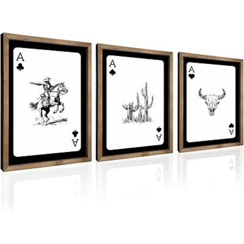 flangairy 3 Piece Western Wall Art Framed, 15.7x11.8 In Wooden Cowboy Longhorn Bull Skull Cactus Wall Decor, Playing Card Themed Southwestern Rustic Farmhouse Decorations for Home Bedroom Living Room