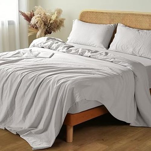 Shilucheng 100% French Linen Sheets - King Size Bed Sheets, Breathable & Cooling Pure Linen Sheets,Soft Durable and Tear Resistant -16 Inch Deep Pocket - 4Pcs (Grey, King)