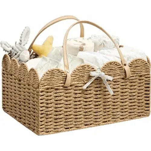Paper Rope Diaper Caddy, Scalloped Baskets with Removable Divider
