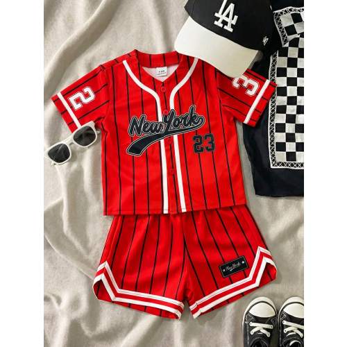SHEIN Playful Pals Baby Boy Infant Toddler 0-3 Years Old Fashion Street Sports Baseball Jacket Football Jersey Basketball Jersey Style Jacket Shorts Set Baby Sports Outfit Baby Spring Summer Set