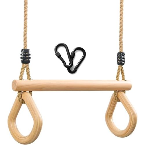 YAERSI Children's Trapeze Swing Bar with Wooden Gym Rings,Trapeze Bar for Swing Set （Water Drop）