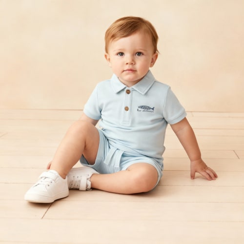 Organic Polo Shirt & Shorts Set - Light Blue