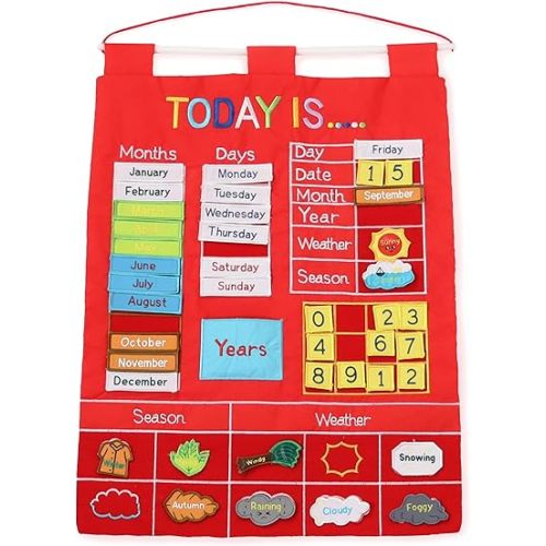 The Peanutshell Learning Calendar Wall Chart - Homeschool Supplies, Interactive Pocket Chart for Toddlers & Kids - Preschool Learning Activity Board, Circle Time Board for Classroom - Red Today Is