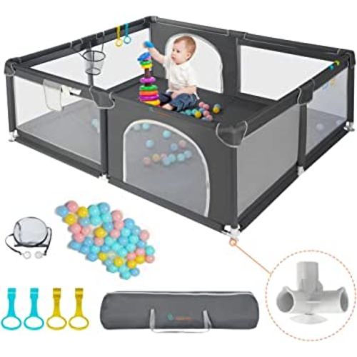 COMOMY Playpens for Babies and Toddlers, 63"x63" Baby Playard Extra Large, Safe and Non-Slip Baby Fence, Full Mesh Design, Indoor & Outdoor Kids Activity Center, Baby Play Pens (Dark Grey)