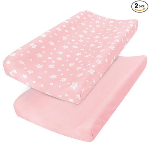 Changing Pad Cover for Girls 2 Pack, Lovely Print Soft Diaper Change Table Sheets, Fit 32"x16" Contoured Pad, Comfy Cozy 2-Pack Cradle Sheets,Pink&Pink Stars