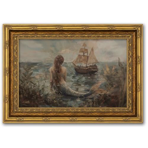 Vintage Mermaid Canvas Wall Art, Framed Nautical Ship Painting Picture Poster Print, Retro Coastal Ocean Artwork Home Decoration for Living Room Bedroom Bathroom Office 9x11in
