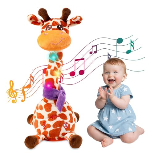 MIAODAM Dancing Giraffe Singing 10 Children's Song, Stuffed Baby Toy Repeats What You Say, Colorful Glowing Plush Interactive Toys (Giraffe-Style 2)