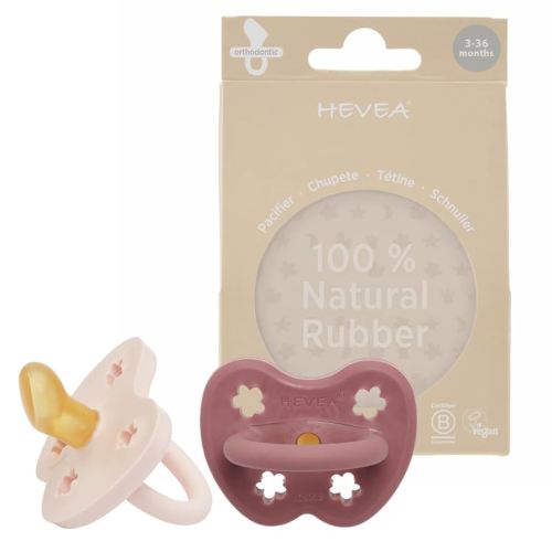 HEVEA Natural Rubber Pacifier Orthodontic 3-36 Months Two-Pack - Powder Pink & Rosewood