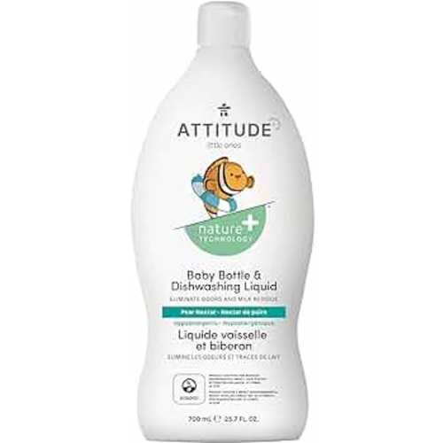 ATTITUDE Baby Dish Soap and Bottle Cleaner, EWG Verified Dishwashing Liquid, No Added Dyes or Fragrances, Tough on Milk Residue and Grease, Vegan, Pear Nectar, 23.7 Fl Oz