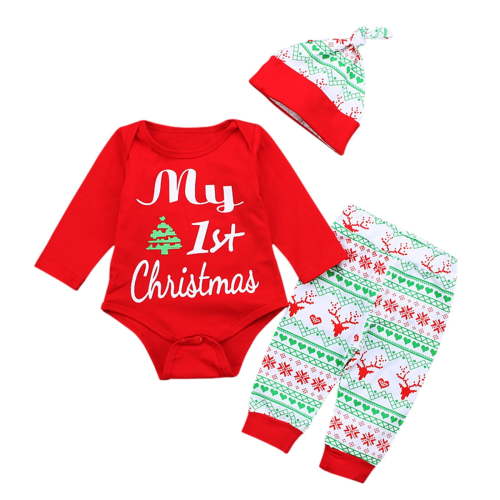 YDOJG Toddler Boys Girls Pajamas Baby Pj'S Pajamas Christmas Letter Romper Deer Pants Hat Outfits Clothes Set For 0-3 Months
