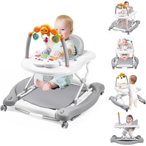 Baby Walker, 5-in-1 Baby Walkers for Boys and Girls 6-12 Months with Bouncer, Removable Footrest, Feeding Tray & Music, Foldable & Adjustable Activity Walker for 6-18 Months Toddler Infant