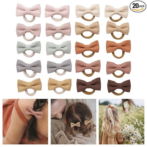 Baby Toddler Girls Hair Ties with Linen Bows, 20 pcs No Damage Elastic Nylon Ponytail Holders, Small Hair Accessories for Thick or Thin Hair