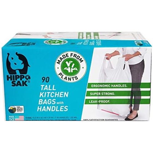 Hippo Sak - Plant Based Tall Kitchen Garbage Bags with Ergonomic Handles - 13 Gallon Trash Bags - Recyclable & Eco Friendly - Super Strong and Leak Proof Tall Kitchen Trash Bags (90 Count)