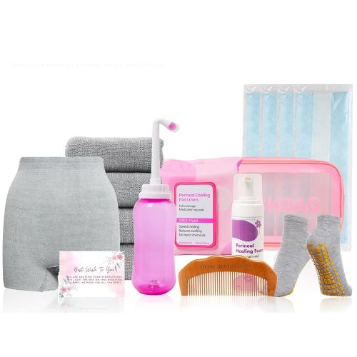 Postpartum Essentials Recovery Kit for Labor,Delivery - Peri Bottle,Disposable Postpartum Underwear,Perineal Healing Foam,Instant Ice Pads,Cooling Pad Liners,Socks,Birth Comb,Portable Bag