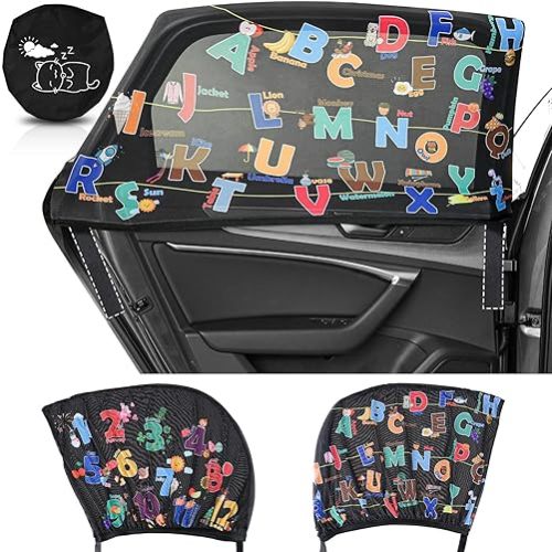 MOVINPE Car Window Shade for Baby, 2-Pack Breathable Mesh Rear Window Screens, Universal Stretchable Sun Shades, Heat and UV Block, Privacy Shield for Toddler Kids Babies (ABC+123)