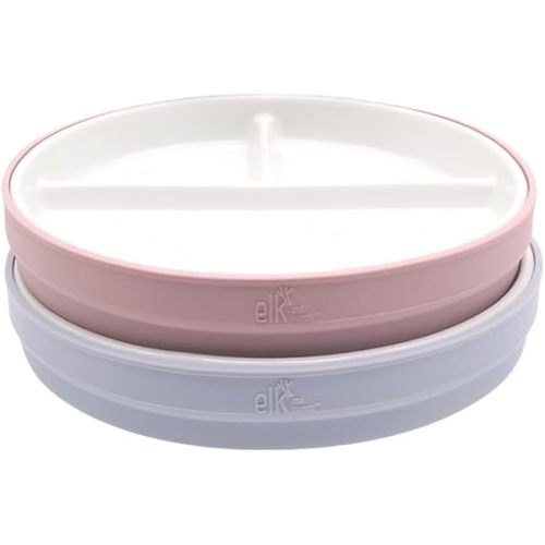 Elk and Friends Kids 6.7” Porcelain White Divided Plates with Silicone Sleeves | Suitable for Babies/Toddlers | Microwave & Dishwasher Safe | Non Slip Dinnerware | Snack Dishes | 2 Pack