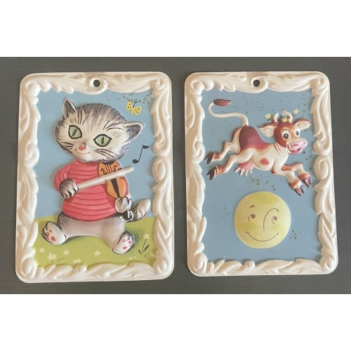 2 Vintage Embossed Child's Nursery Rhyme Wall Decor Hey Diddle 5" x 3 3/4"