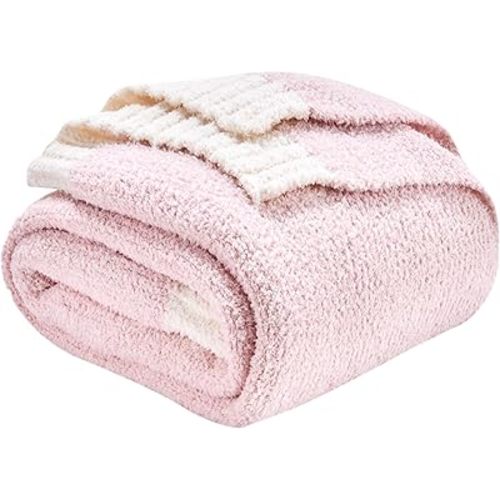 CozeCube Super Soft Fullfy Microfiber Reversible Knitted Blankets, Warm Cozy Fuzzy Plush Throw, Pink and White Melange Throw Blanket for Couch Bed Sofa, 60" x 80"