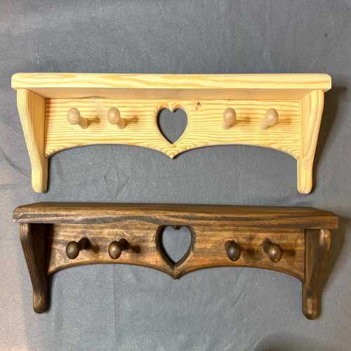 heart shelf, rustic wooden shelf, wooden shelves, peg shelf, wooden wall shelf, heart shelf with pegs, wooden pine shelf with heart with peg