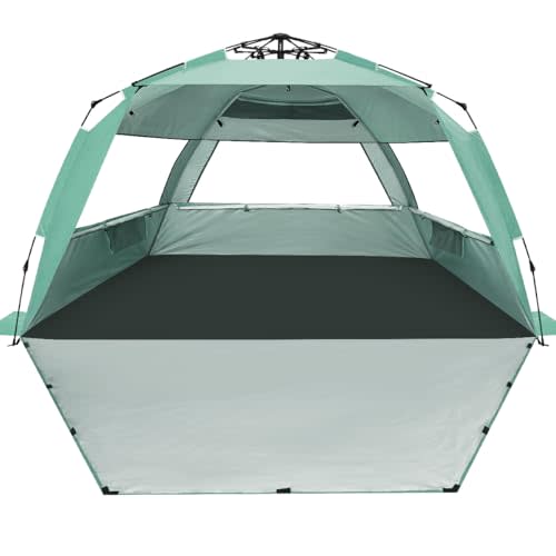 WhiteFang Deluxe Pop Up Beach Tent Sun Shade Shelter for 3-4/5-6 Person, UV Protection, Extendable Floor with 3 Ventilating Windows Plus Carrying Bag, Stakes, and Guy Lines