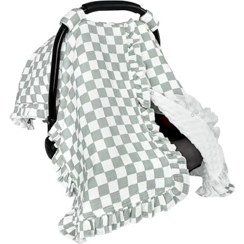 DILIMI Car Seat Covers for Babies, Muslin Cotton Ruffled Baby Car Seat Cover with Peekaboo Opening, Minky Infant Car Seat Canopy for Boys Girls Newborn, Green Plaid