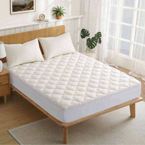 Organic Cotton Waterproof Quilted Mattress Pad, Fitted Stretchy Side Skirt Fits up to 18"