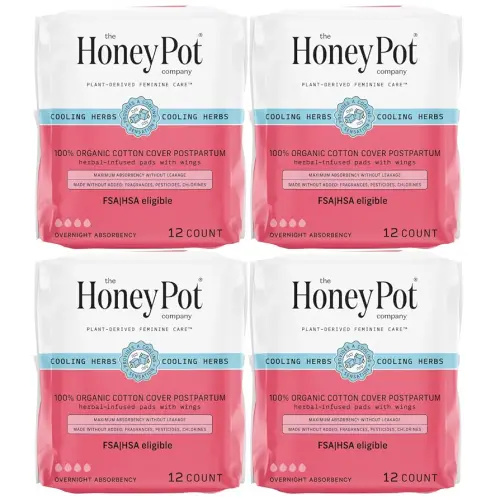 The Honey Pot Company - 48ct - Herbal Postpartum Pads w/Wings - Infused w/Essential Oils for Cooling Effect, Organic Cotton Cover, & Ultra-Absorbent