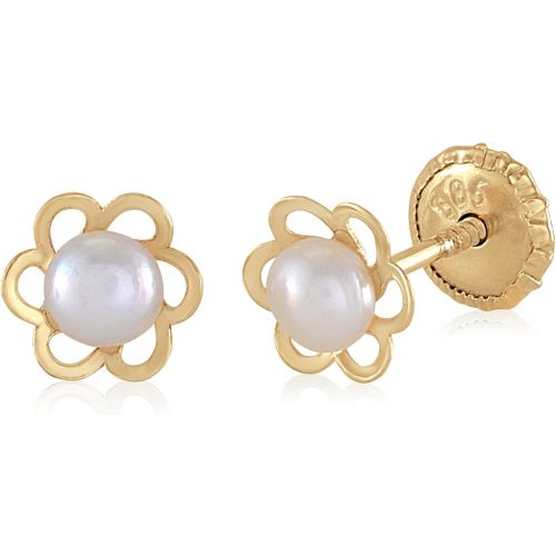 14k Gold Tiny Flower Earrings for Baby Girl Safety Screwback Covered Back Cultured Pearl