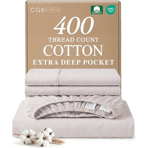 Extra Deep Queen Cotton Bed Sheet Set - 4 Piece Cotton Sheets - Light Grey