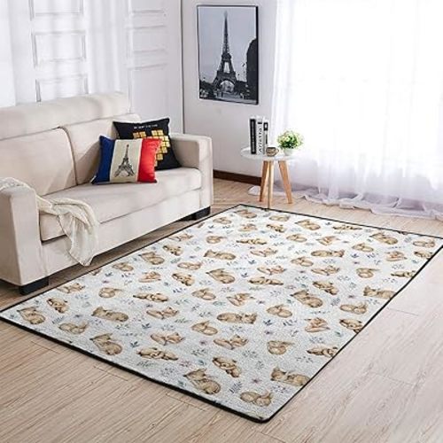 Sleeping Spring Animals Nursery Area Rug for Baby Girl Boy Bear Deer Bunny Fox Floral Leaves Kids Floor Carpets for Bedroom Classroom Playroom Decor Baby Animal Throw Mat White 36x60inch
