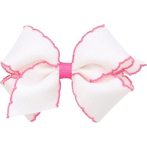 Wee Ones Girls' Classic Grosgrain Moonstitch Edge Hair Bow, No-Slip Hair Clip, Handmade, White with Hot Pink, Small