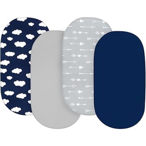 Bassinet Sheets (15" x 30"), 4 Pack for Fisher-Price Soothing Motions Bassinet, Bassinet Sheet, Breathable & Soft Microfiber, Grey/Navy