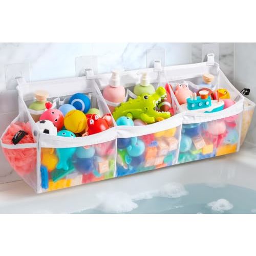 Extra Large Bath Toy Organizer with 3 Compartments and Multiple Pockets, Quick-Dry Mesh Bathtub Storage for Kids' Toys (White)