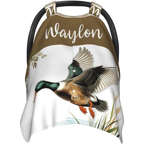 Personalized Mallard Baby Car Seat Cover with Name, Customized Wild Duck Carseat Canopy for Boys, Nursing Cover for Newborn Infant, Shopping Cart Cover, Strollers Canopies, Baby Shower Gifts