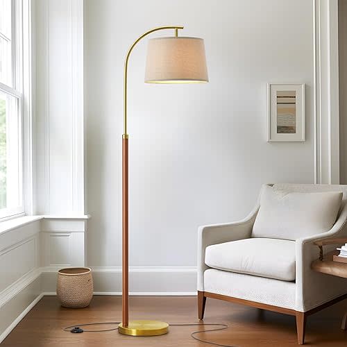 62.5" Wood Floor Lamp for Living Room Gold with Foot Switch Arc Standing Tall Lamps for Bedroom Mid Century Modern Corner Floor Lamps for Office Nursery Industrial Reading Light Room Lamp