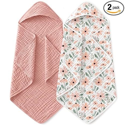 Yoofoss Hooded Baby Towels for Newborn 2 Pack 100% Muslin Organic Cotton Baby Bath Towel with Hood for Babies, Infant, Toddler and Kids, Large 32x32Inch, Soft and Absorbent Newborn Essential