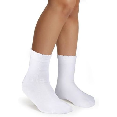 COTTON DAY Girls White Dressy Textured Short Socks Scallop Top Design 5 Pack
