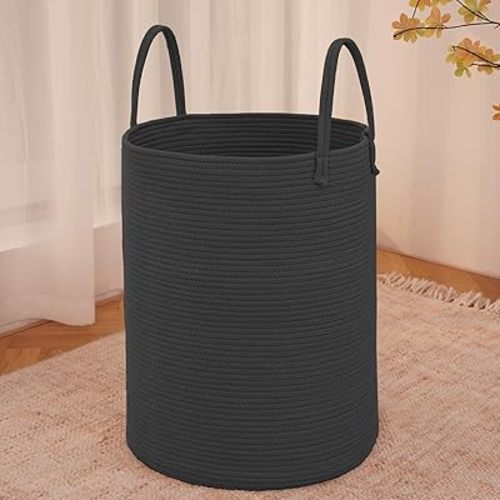 Large Woven Laundry Basket Hamper,60L Cotton Rope Storage Bin for Blankets,Toys and Clothes,Decorative Tall Nursery Hamper for Living Room,Baby Nursery,Bathroom and Bedroom,Black