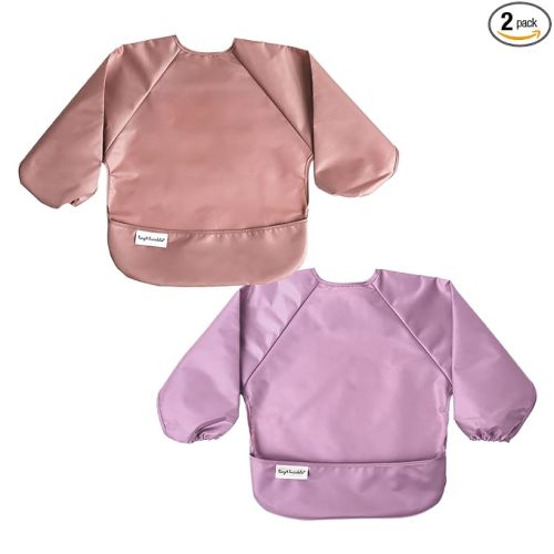 Tiny Twinkle Long Sleeve Bib for Babies & Toddlers | 2-Pack Waterproof Smock Bib for Eating | Machine Washable & Mess-Proof Feeding Essentials | Newborn Shower Gift (Taupe Lilac,6–24M)