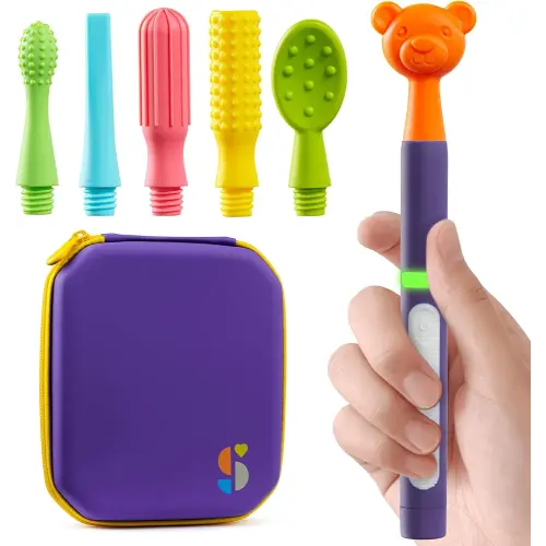 Special Supplies Buzz Buddy Oral Motor Stimulation Kit with 6 Soft Textured Interchangeable Heads, Calm Sensory Needs, Support Speech, and Stimulate Self Feeding, Gentle Vibrations (Purple)