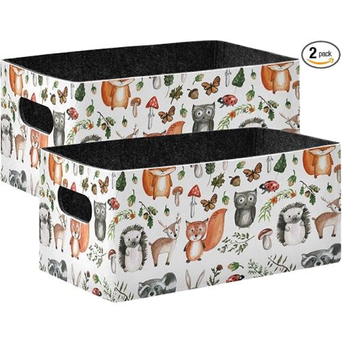 Emelivor Cute Animals Storage Basket Bins Set (2pcs) Felt Collapsible Storage Bins with Dual Handles Closet Storage Bins for Nursery ,Kids Room,Clothes,Towels,Magazine