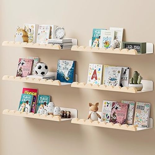 6-Pack Nursery Book Shelves, Scalloped Floating Shelves for Wall Kids, 15.7" Wood Wall Book Shelf for Bedroom Kids, Toddler Room, Baby Room, Nursery Decor,White and Wood