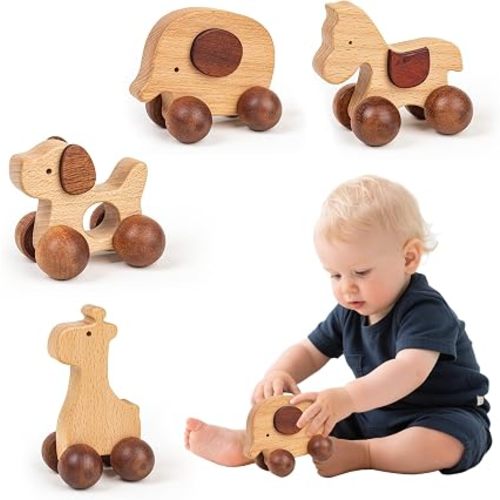 Baby Push Car Montessori Toys, 4PCS Wooden Animal Toy Vehicles for Toddlers, Natural Wood Infant Car Toys (Puppy, Elephant, Pony, Giraffe) for Gift and Decor