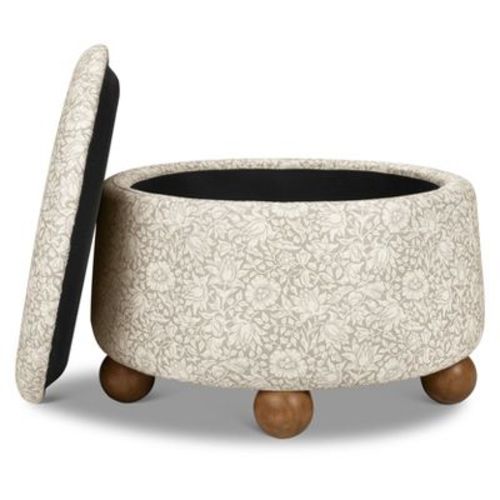 Morris & Co. x Namesake Tuffet Storage Ottoman - Mallow in Ash Performance Eco-Weave with Dark Wood Ball Feet and Lift Top