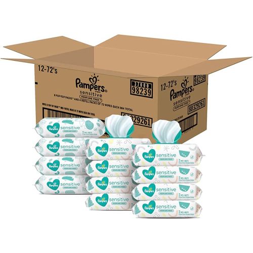 Baby Wipes, Pampers Sensitive Water Based Baby Diaper Wipes, Hypoallergenic and Unscented, 8 Pop-Top Packs with 4 Refill Packs for Dispenser Tub, 864 Total Wipes (Packaging May Vary)
