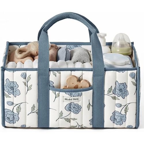 Blissful Diary Floral Diaper Caddy Organizer, Stylish Nursery Storage Basket, Gift for Baby Shower, Newborn Essentials, Peony Blue
