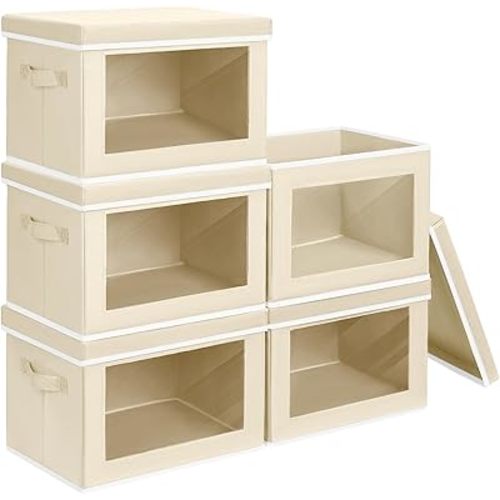 Storage Cubes with Lids - 5 Pack Foldable Clear Window Storage Bins, Large Decorative Storage Bins with Handles, Storage Containers for Clothes, Towel, Blanket, Sheet, Beige