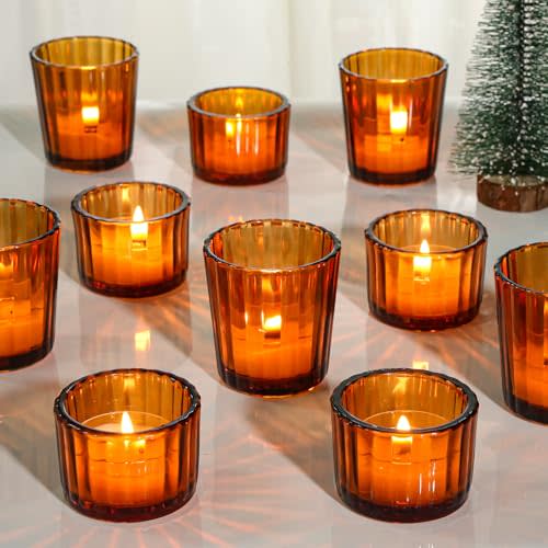 SUPMIND 24 Pcs Amber Vintage Ribbed Glass Votive Candle Holders  Bulk TeaLight Holders for Weddings, Baby Showers, Parties, Home Decor, and Table Centerpieces