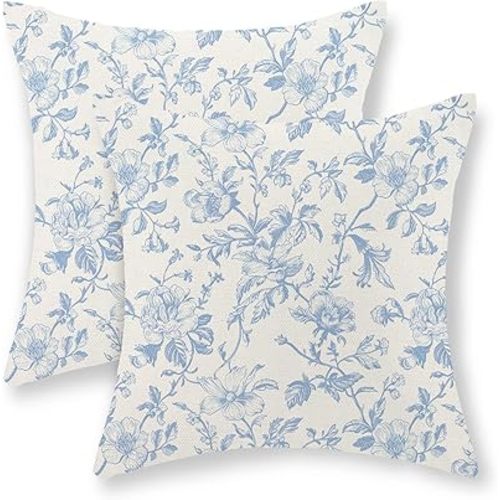 Light Blue Vintage Floral Pillow Covers 18x18 Inch 2 Pcs Blue Cream Rustic Toile Chinoiserie Flower Decor Throw Pillows Outdoor Decoration Pillowcase Linen Cushion Cover for Couch Sofa Bed