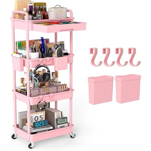 4 Tier Rolling Utility Cart with Drawer, Plastic Storage Organizer Rolling Carts with Wheels Handles Hanging Cups Hooks for Office, Bathroom, Kitchen,Craft Art Room (Pink)